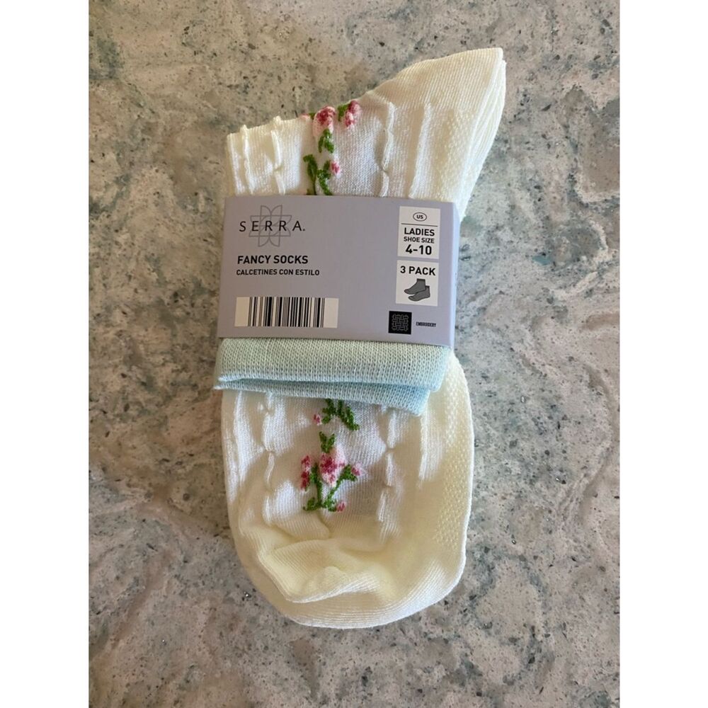 Serra White Floral Casual Socks with Pink & Green Embroidery